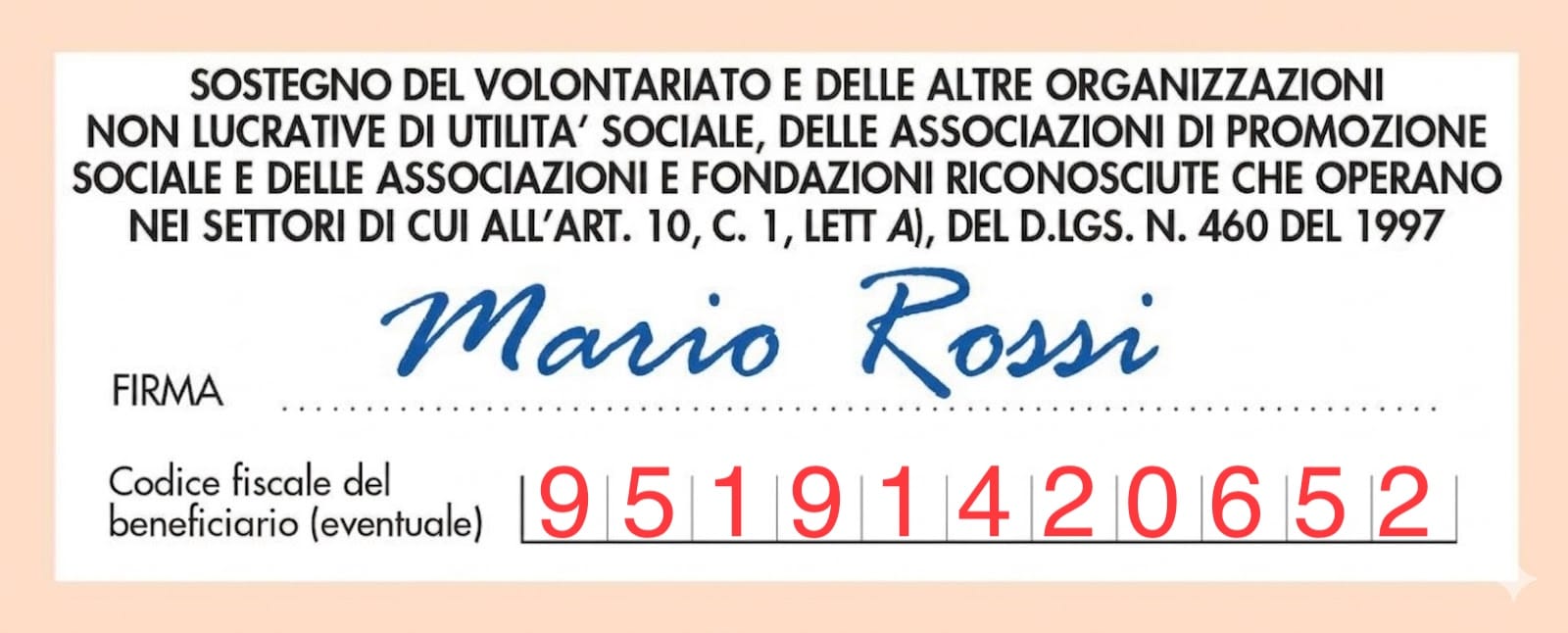 Fac-simile della casella 5x1000 con il codice fiscale de La Brigata
